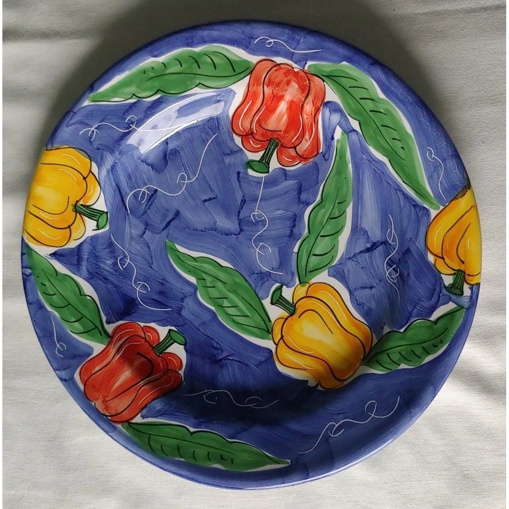 Pier 1 Round Serving Platter Red Yellow Bell Peppers Blue Italy 15" Diameter